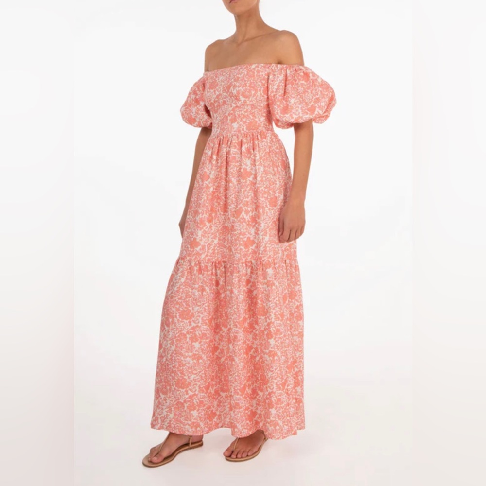 NWOT Peony Carnation Balloon Sleeve Pink Floral Dress Maxi Size 8 Linen